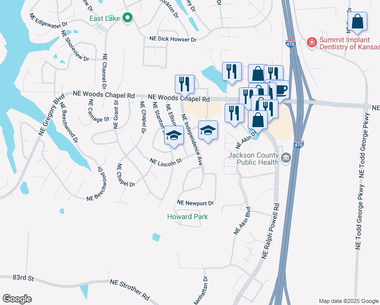 map of restaurants, bars, coffee shops, grocery stores, and more near 3634 Northeast Independence Avenue in Lee's Summit