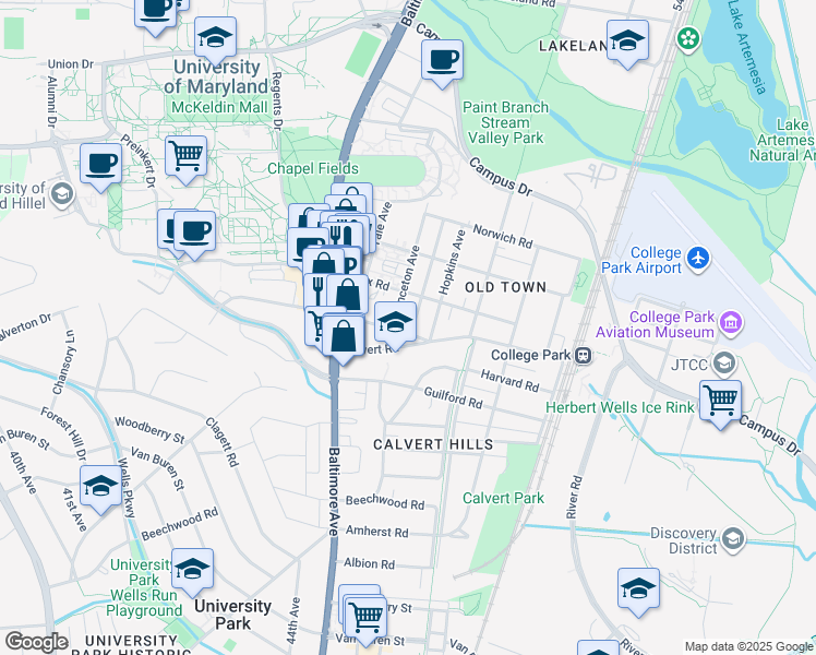 map of restaurants, bars, coffee shops, grocery stores, and more near 4604 Hartwick Road in College Park
