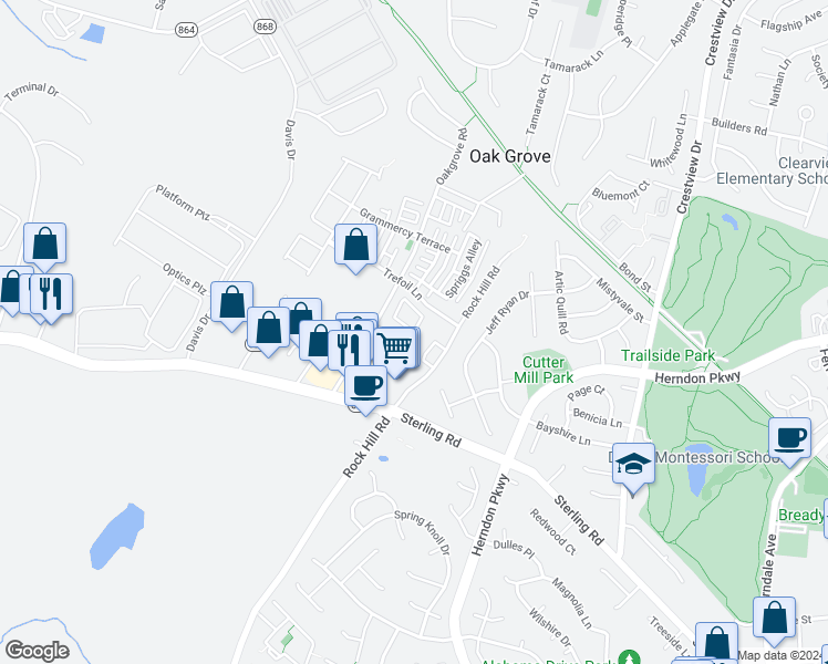map of restaurants, bars, coffee shops, grocery stores, and more near 22996 Fontwell Square in Sterling