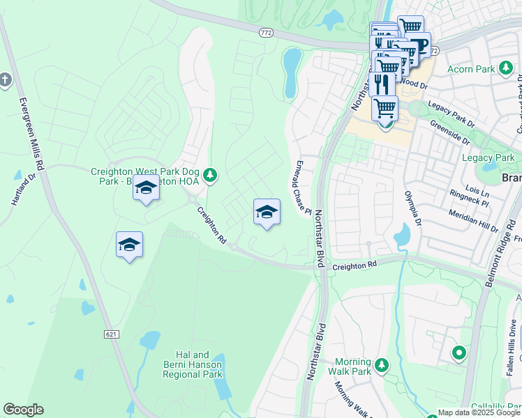 map of restaurants, bars, coffee shops, grocery stores, and more near 42157 Shining Star Square in Brambleton