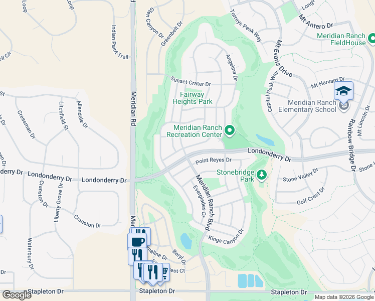 map of restaurants, bars, coffee shops, grocery stores, and more near 10307 Ross Lake Drive in Peyton