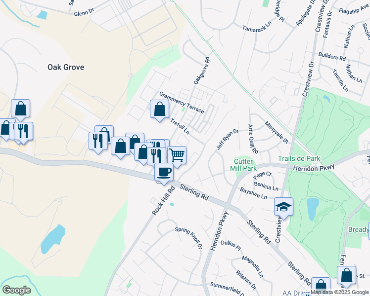 map of restaurants, bars, coffee shops, grocery stores, and more near 23004 Fontwell Square in Sterling
