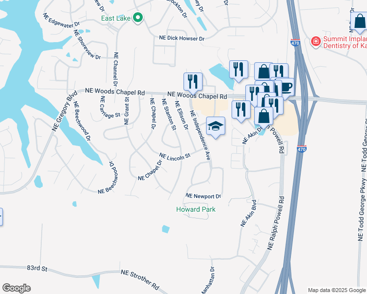 map of restaurants, bars, coffee shops, grocery stores, and more near in Lee's Summit