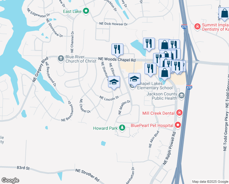 map of restaurants, bars, coffee shops, grocery stores, and more near in Lee's Summit