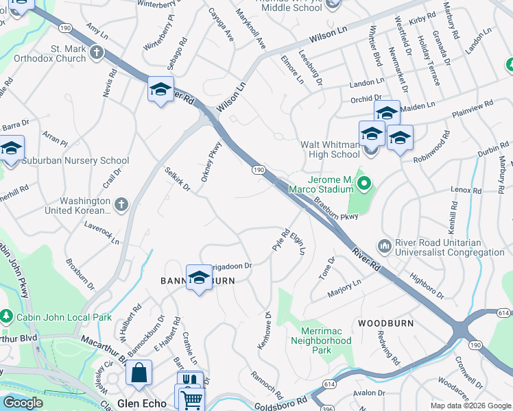 map of restaurants, bars, coffee shops, grocery stores, and more near 6610 Braeburn Pkwy in Bethesda