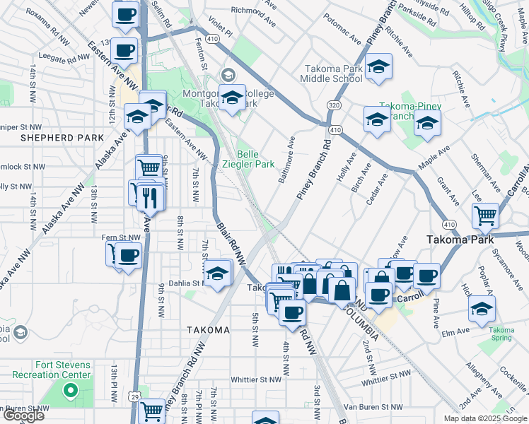 map of restaurants, bars, coffee shops, grocery stores, and more near 4200 Baltimore Avenue in Takoma Park