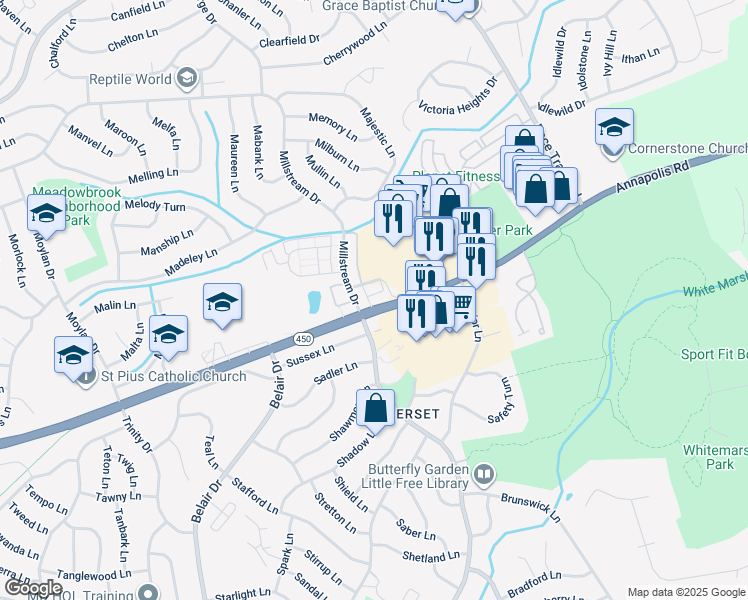 map of restaurants, bars, coffee shops, grocery stores, and more near 15402 Annapolis Rd in Bowie