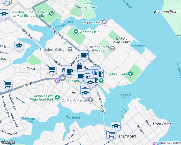 map of restaurants, bars, coffee shops, grocery stores, and more near 179 Prince George Street in Annapolis