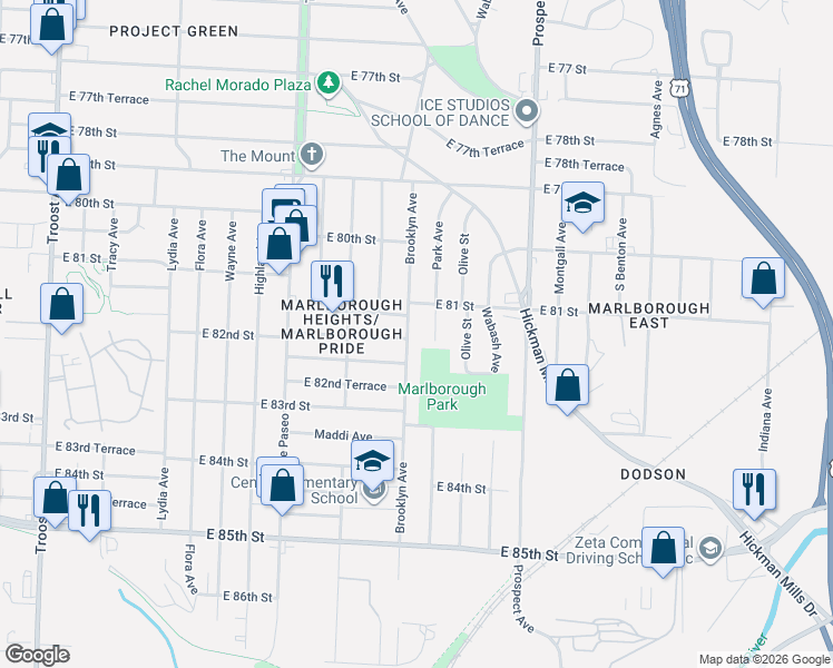 map of restaurants, bars, coffee shops, grocery stores, and more near 8114 Park Avenue in Kansas City