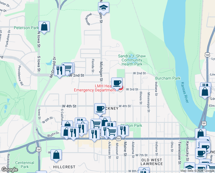 map of restaurants, bars, coffee shops, grocery stores, and more near 245 Arkansas Street in Lawrence