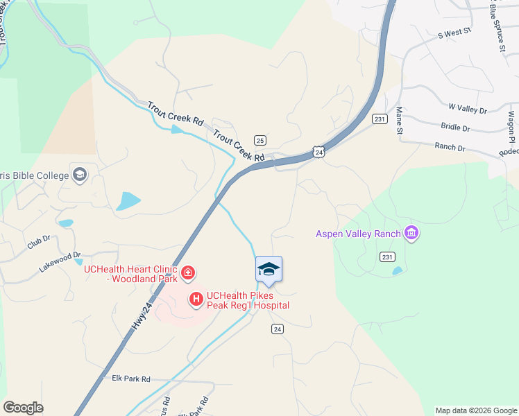 map of restaurants, bars, coffee shops, grocery stores, and more near 231 South Forty Road in Woodland Park