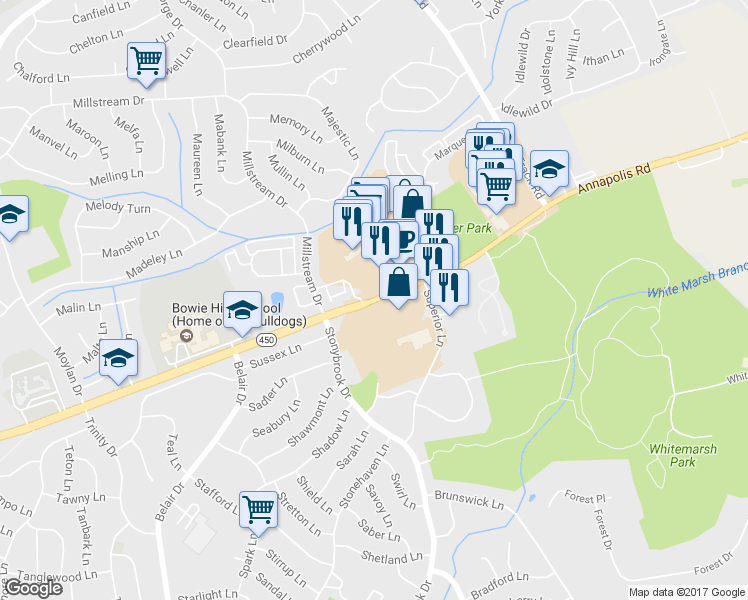 map of restaurants, bars, coffee shops, grocery stores, and more near 15553 Annapolis Road in Bowie