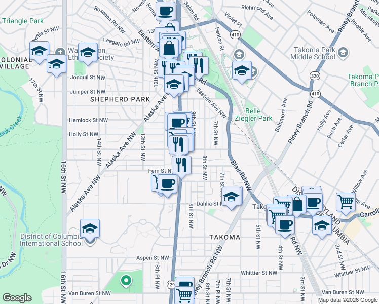 map of restaurants, bars, coffee shops, grocery stores, and more near 101 Independence Avenue Southeast in Washington