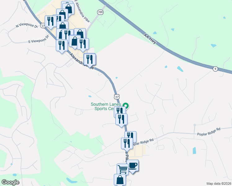 map of restaurants, bars, coffee shops, grocery stores, and more near 7577 Alexandria Pike in Alexandria