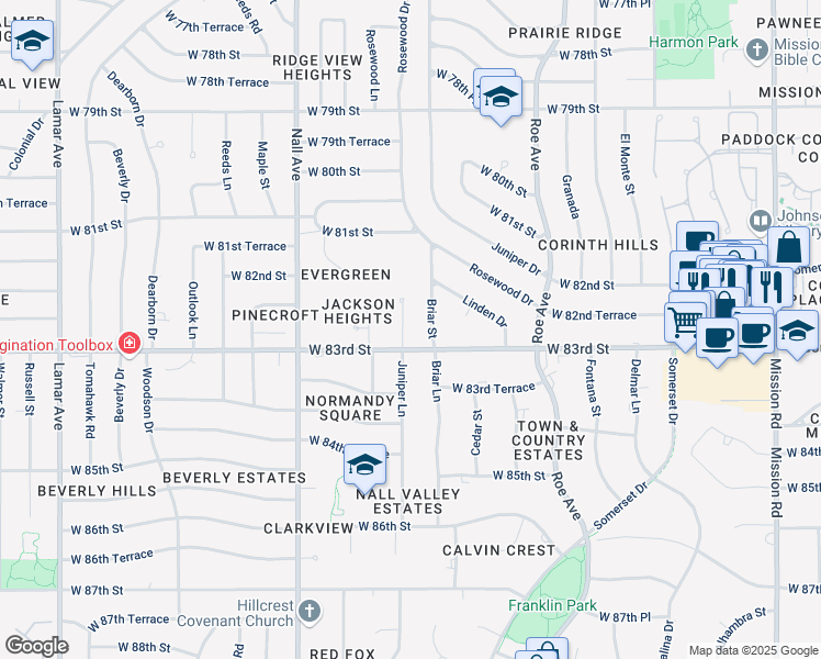 map of restaurants, bars, coffee shops, grocery stores, and more near 8220 Briar Street in Prairie Village