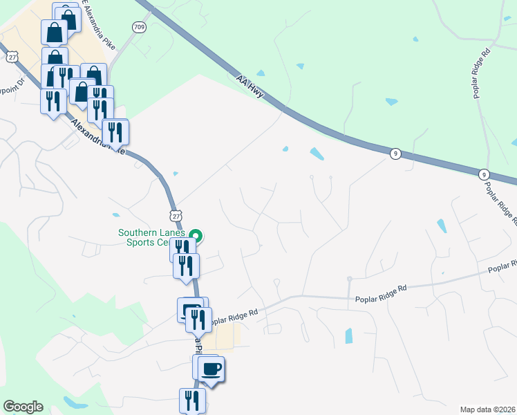 map of restaurants, bars, coffee shops, grocery stores, and more near 7 Rainbow Lane in Alexandria