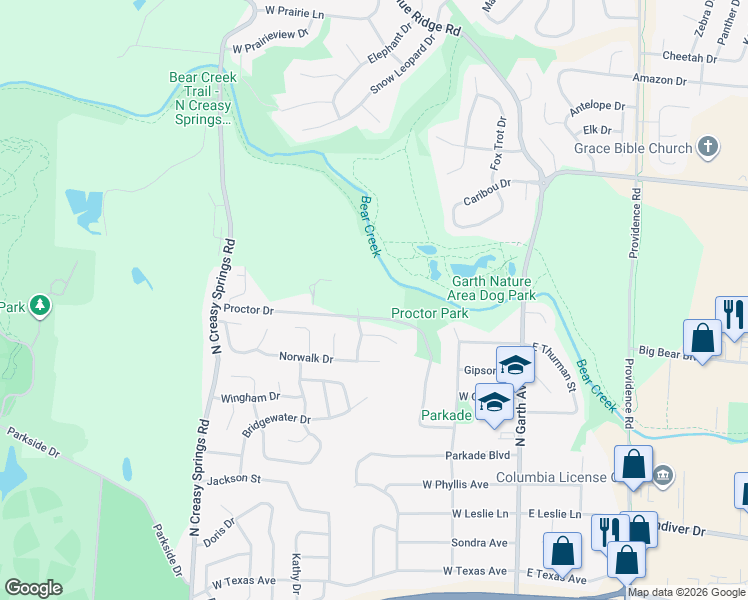 map of restaurants, bars, coffee shops, grocery stores, and more near 605 Proctor Drive in Columbia