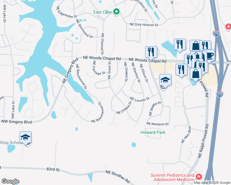 map of restaurants, bars, coffee shops, grocery stores, and more near 3701 Northeast Grant Street in Lee's Summit