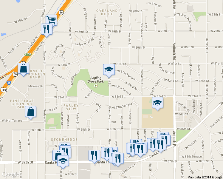 map of restaurants, bars, coffee shops, grocery stores, and more near 8217 Grant Avenue in Overland Park