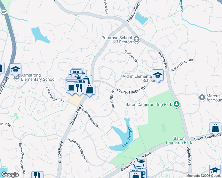 map of restaurants, bars, coffee shops, grocery stores, and more near 11502 Turnbridge Lane in Reston