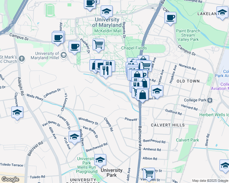 map of restaurants, bars, coffee shops, grocery stores, and more near Guilford Drive in College Park