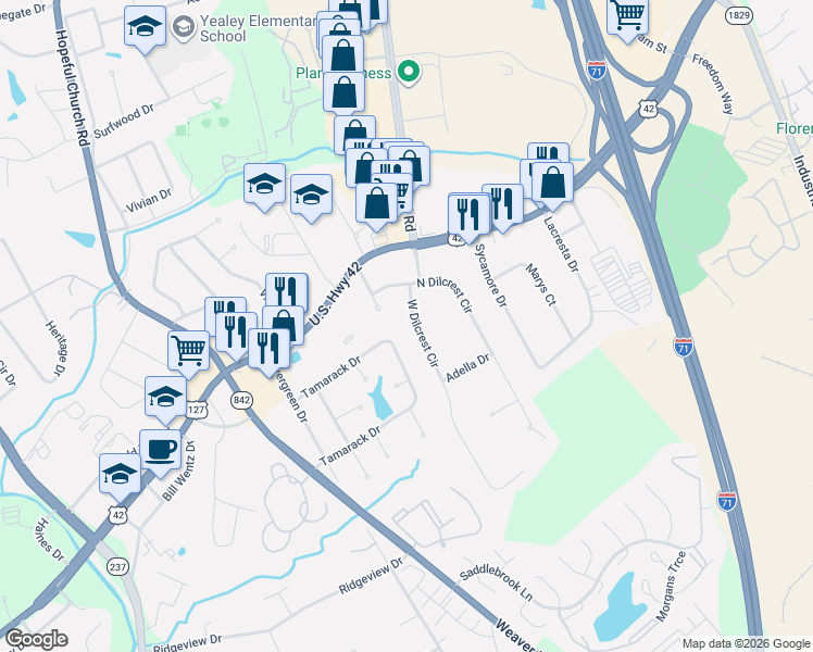 map of restaurants, bars, coffee shops, grocery stores, and more near 145 West Dilcrest Circle in Florence