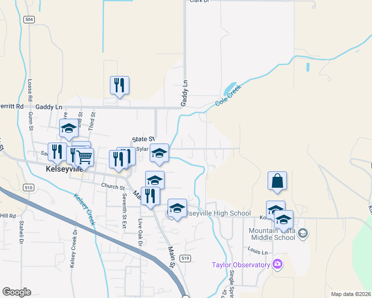 map of restaurants, bars, coffee shops, grocery stores, and more near Sylar Lane in Kelseyville