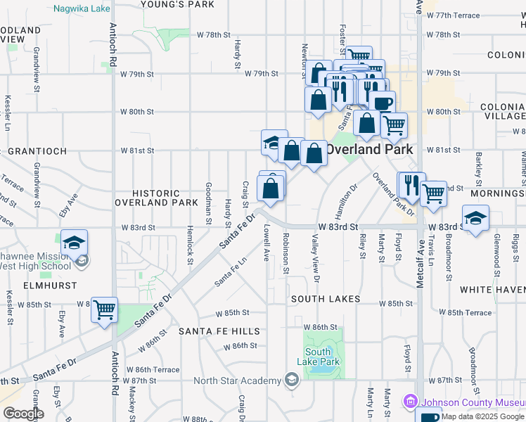 map of restaurants, bars, coffee shops, grocery stores, and more near 7903 West 83rd Street in Overland Park
