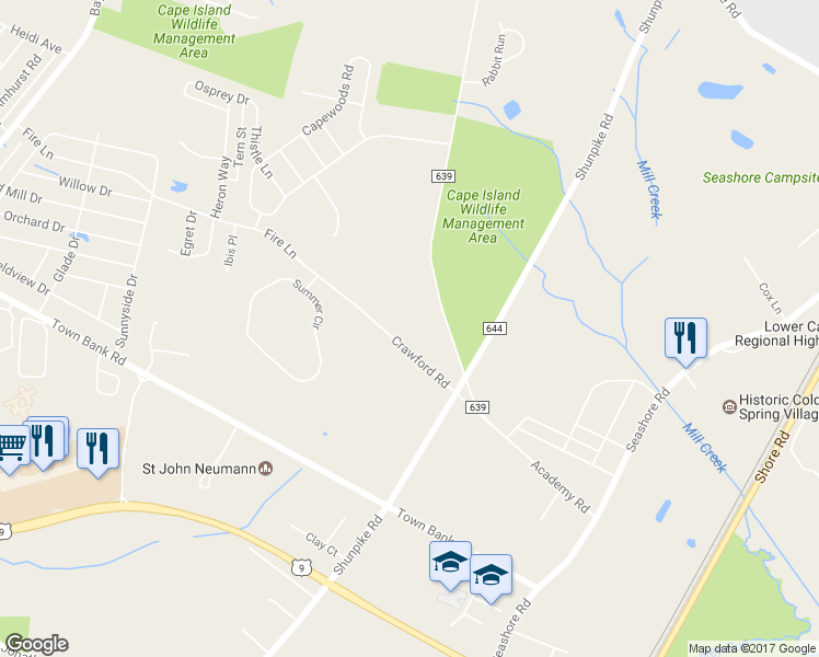 map of restaurants, bars, coffee shops, grocery stores, and more near 675 Crawford Road in Cape May