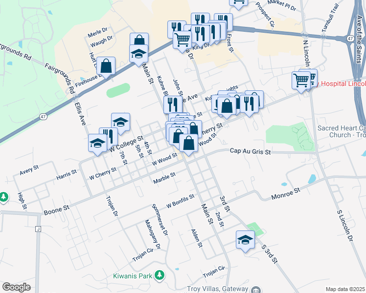 map of restaurants, bars, coffee shops, grocery stores, and more near in Troy
