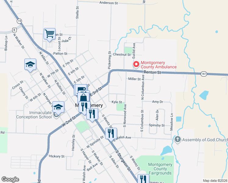 map of restaurants, bars, coffee shops, grocery stores, and more near 417 Lawrence Street in Montgomery City