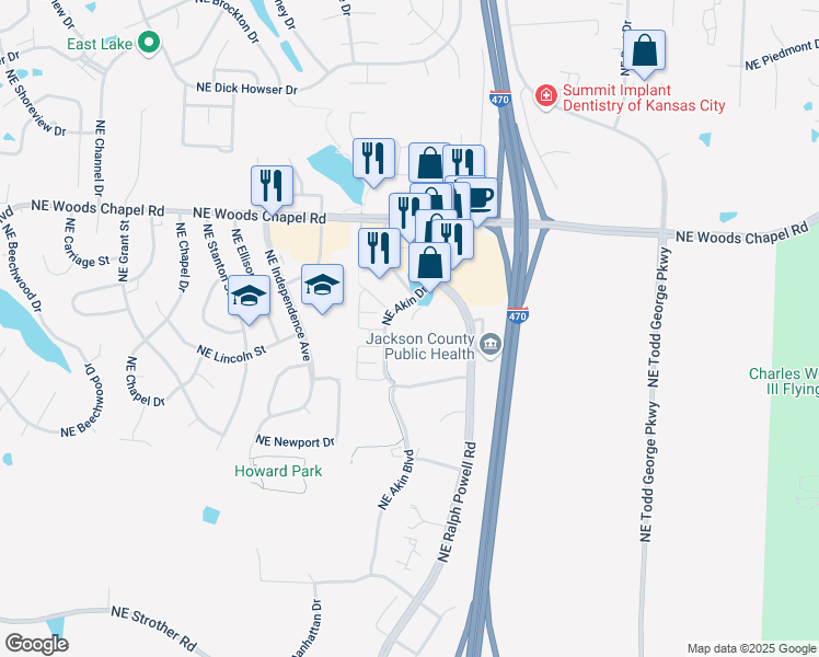 map of restaurants, bars, coffee shops, grocery stores, and more near 3621 Northeast Akin Boulevard in Lee's Summit