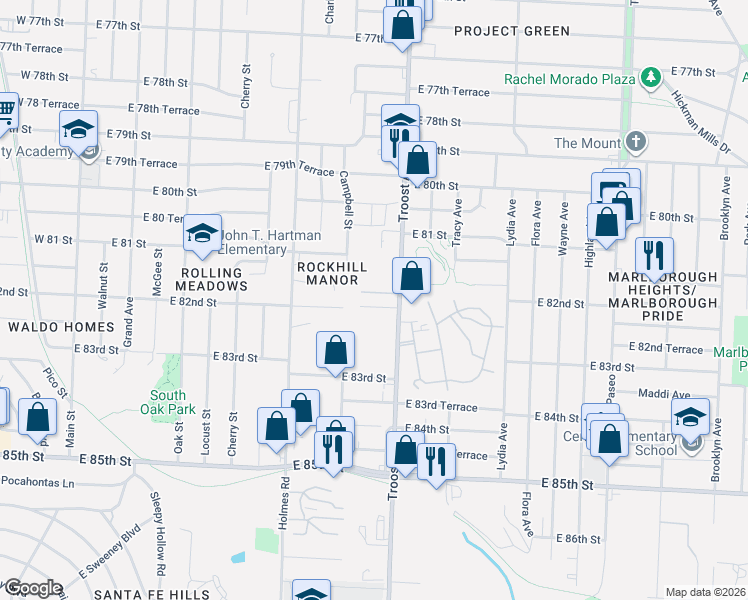 map of restaurants, bars, coffee shops, grocery stores, and more near 8230 East 82nd Street in Kansas City