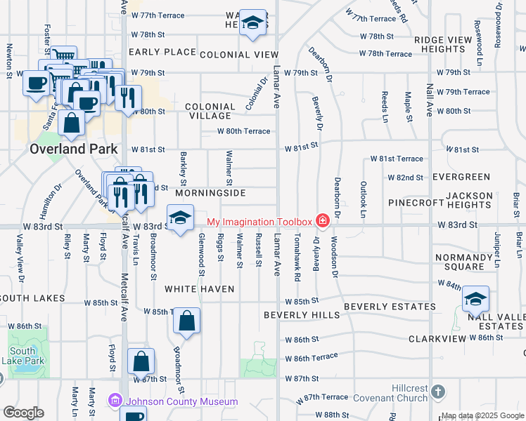 map of restaurants, bars, coffee shops, grocery stores, and more near 6314 West 83rd Street in Overland Park