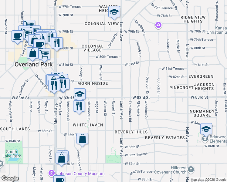 map of restaurants, bars, coffee shops, grocery stores, and more near 6314 West 83rd Street in Overland Park