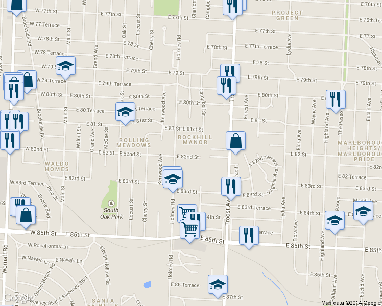 map of restaurants, bars, coffee shops, grocery stores, and more near 836 East 82nd Street in Kansas City