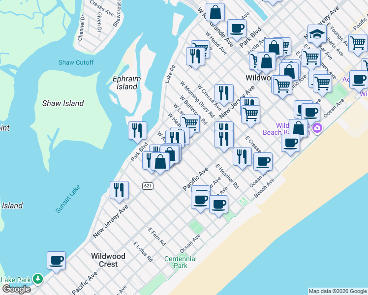 map of restaurants, bars, coffee shops, grocery stores, and more near 5918 New Jersey Avenue in Wildwood Crest