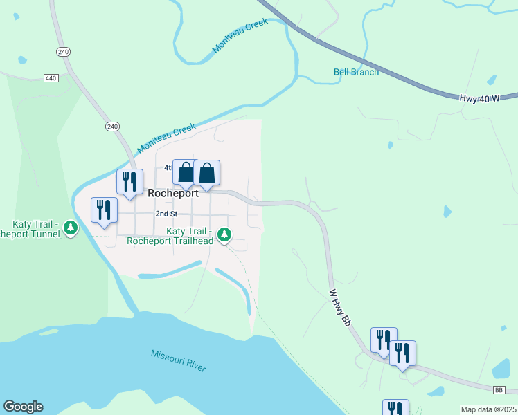 map of restaurants, bars, coffee shops, grocery stores, and more near 900 2nd St in Rocheport