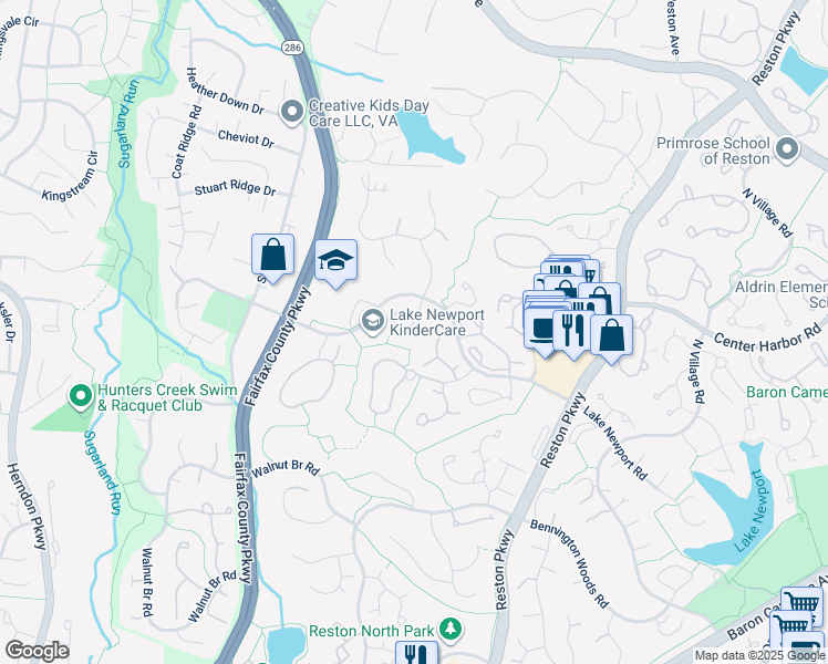 map of restaurants, bars, coffee shops, grocery stores, and more near 1546 Deer Point Way in Reston