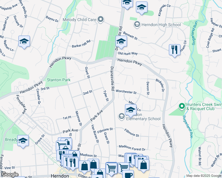 map of restaurants, bars, coffee shops, grocery stores, and more near 715 Dranesville Road in Herndon
