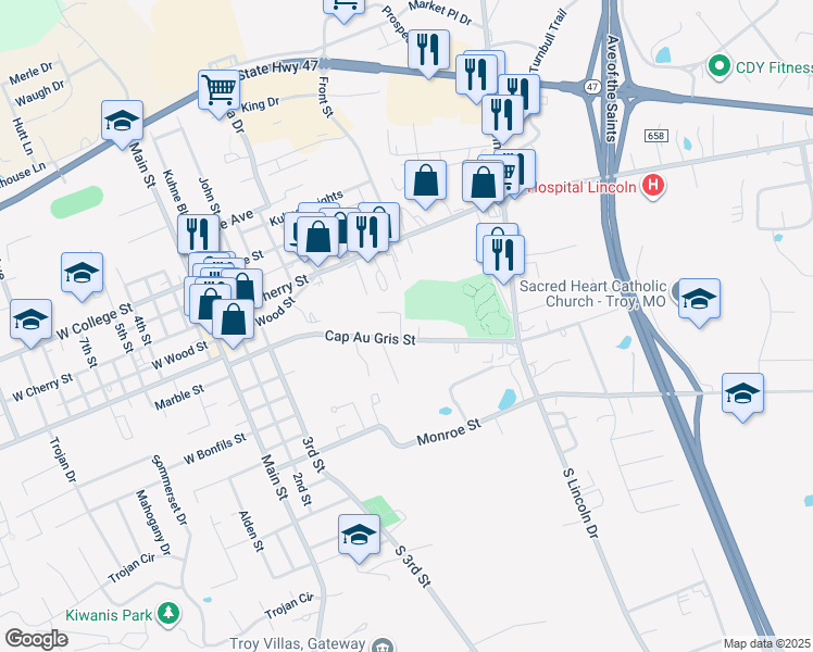 map of restaurants, bars, coffee shops, grocery stores, and more near 635 Cap Au Gris Street in Troy