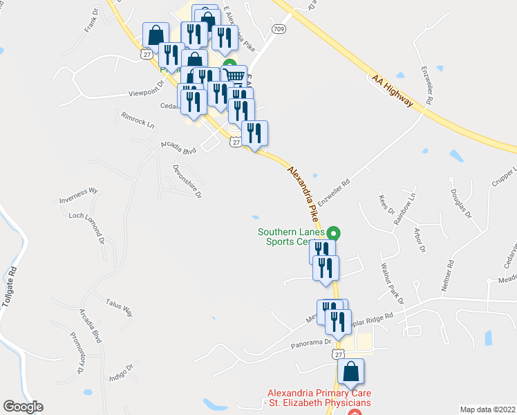 map of restaurants, bars, coffee shops, grocery stores, and more near 7541 Alexandria Pike in Alexandria