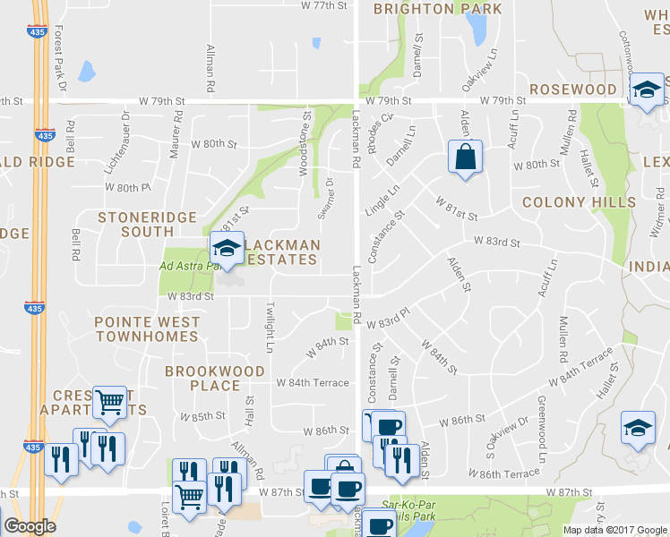 map of restaurants, bars, coffee shops, grocery stores, and more near 15201 West 82nd Terrace in Lenexa