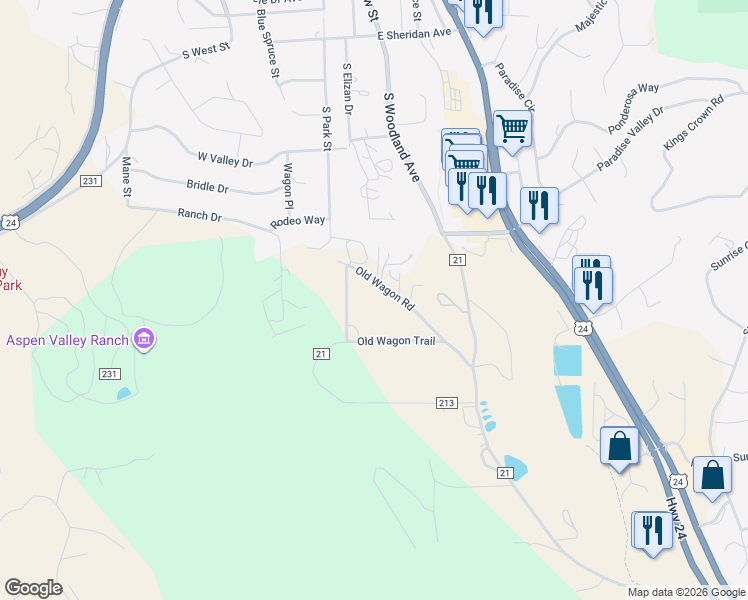 map of restaurants, bars, coffee shops, grocery stores, and more near 1005 Old Wagon Road in Woodland Park