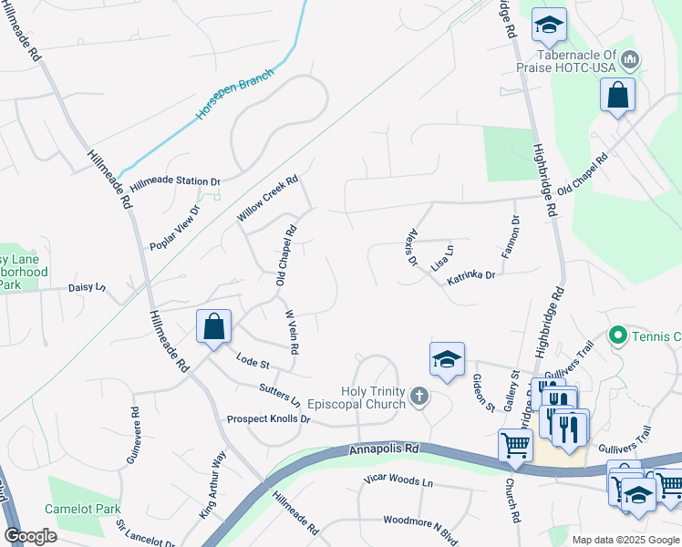 map of restaurants, bars, coffee shops, grocery stores, and more near 6601 Homestake Drive South in Bowie