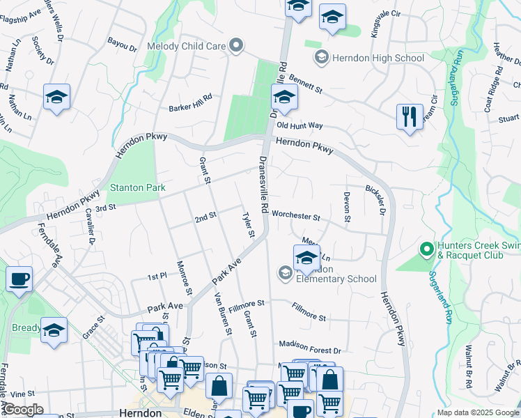 map of restaurants, bars, coffee shops, grocery stores, and more near 715 Dranesville Road in Herndon