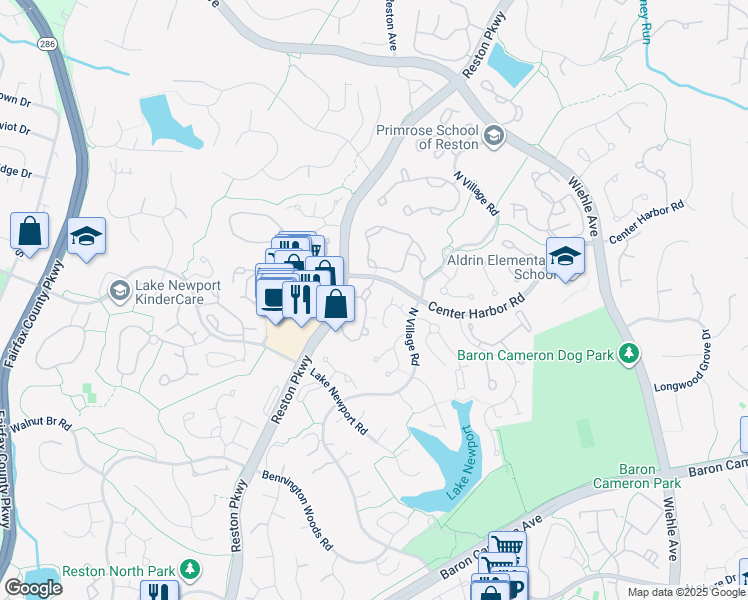 map of restaurants, bars, coffee shops, grocery stores, and more near 1435 Church Hill Place in Reston