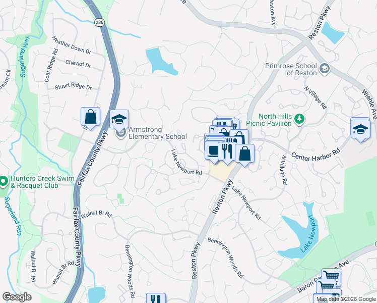 map of restaurants, bars, coffee shops, grocery stores, and more near 11717 Summerchase Circle in Reston