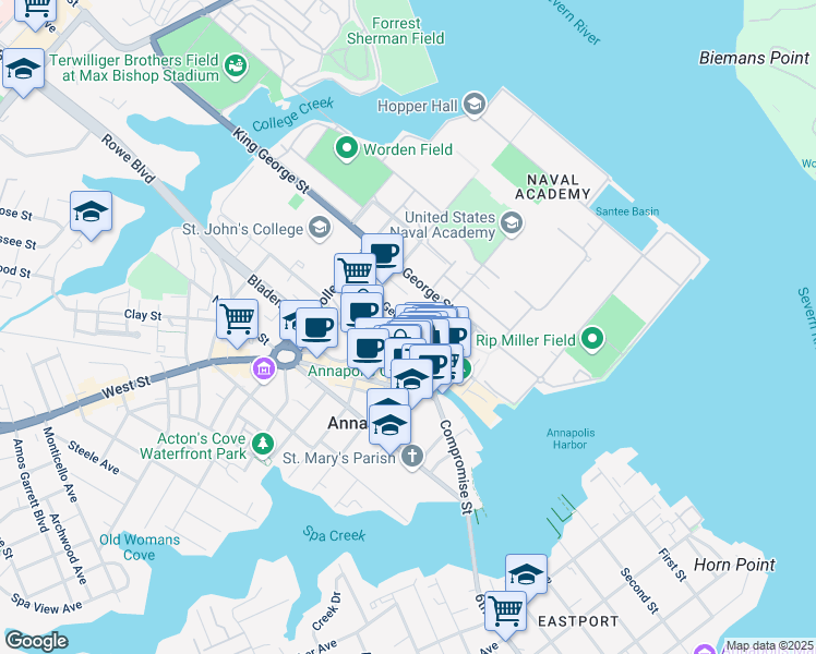 map of restaurants, bars, coffee shops, grocery stores, and more near 185 Prince George Street in Annapolis