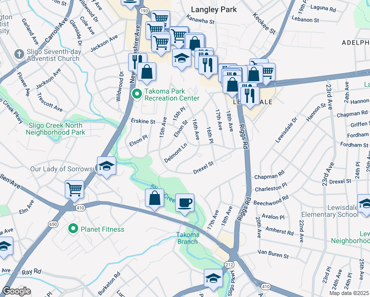map of restaurants, bars, coffee shops, grocery stores, and more near 1521 Delmont Lane in Takoma Park